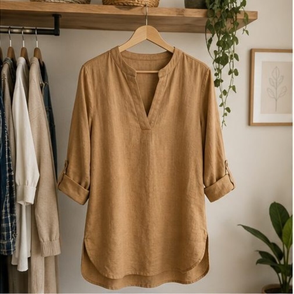 Camel Split Neck Tunic Blouse